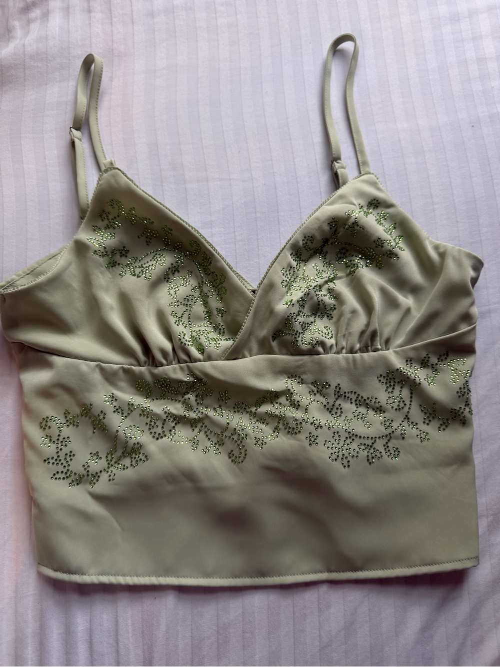 Sage green rhinestone embellished tie-back cami top